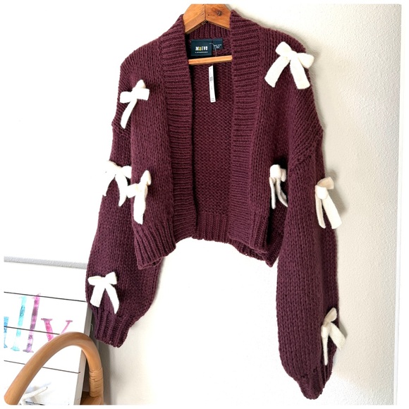 Anthropologie Maroon and Cream Bow Cardigan from Maeve, OS- NWT - Picture 6 of 7